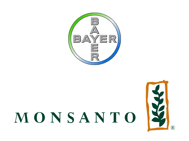 Combined agricultural sales last year of Bayer and Monsanto equaled roughly $25.8 billion. (Logos courtesy of Bayer and Monsanto) 